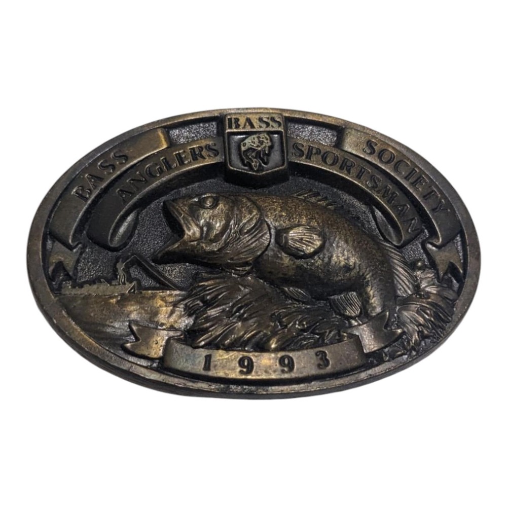 Vtg 1993‎ Bass Society Belt Buckle Angler Sportsman USA Heavy Duty Collectible